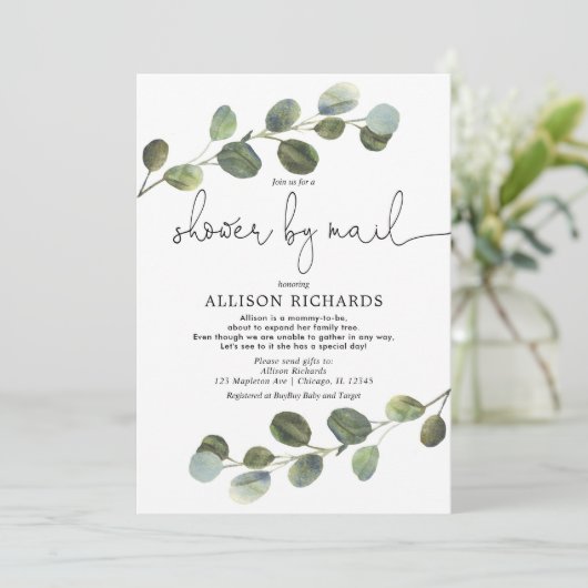 Dusche mit der Post Moderne Eukalyptus Babydusche Einladung (Stehend Vorderseite)