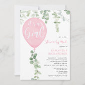 Dusche mit der Post rosa Ballon Eucalyptus Babydus Einladung (Vorderseite)
