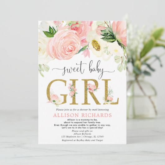 Dusche mit der Post Rosa goldene Mädchen Dusche Einladung (Stehend Vorderseite)