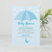 Dusche mit Liebe Blue Umbrella Boy Baby Dusche Einladung (Stehend Vorderseite)