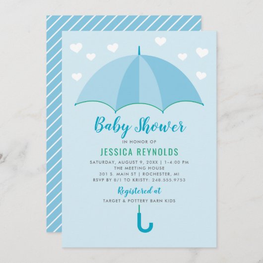 Dusche mit Liebe Blue Umbrella Boy Baby Dusche Einladung (Vorne/Hinten)