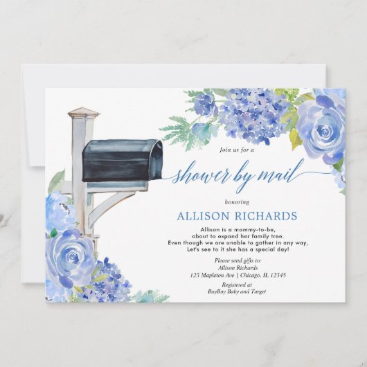 Dusche mit Mail blauer Blütendusche Einladung (Vorderseite)