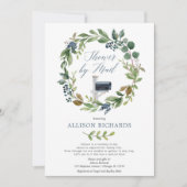 Dusche mit Mail grün staubige blaue Blütenjunge Einladung (Vorderseite)