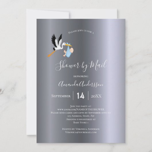 Dusche mit Mail Stork Baby Junge niedlich Einladung (Vorderseite)
