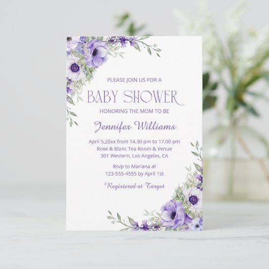 Dusche mit violett-violetten Wasserfarben Einladung (Stehend Vorderseite)