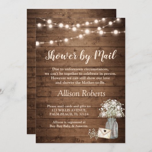 Dusche per Mail rustikale Gipskraut String Leuchte Einladung (Vorne/Hinten)