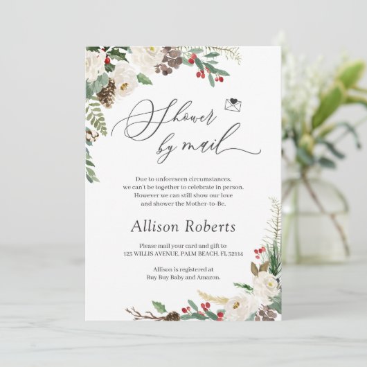 Dusche per Mail Script rustikale Winter Floral Blä Einladung (Stehend Vorderseite)