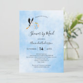 Dusche per Mail Stork Baby Boy Blau Himmel niedlic Einladung (Stehend Vorderseite)