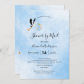Dusche per Mail Stork Baby Boy Blau Himmel niedlic Einladung (Vorne/Hinten)