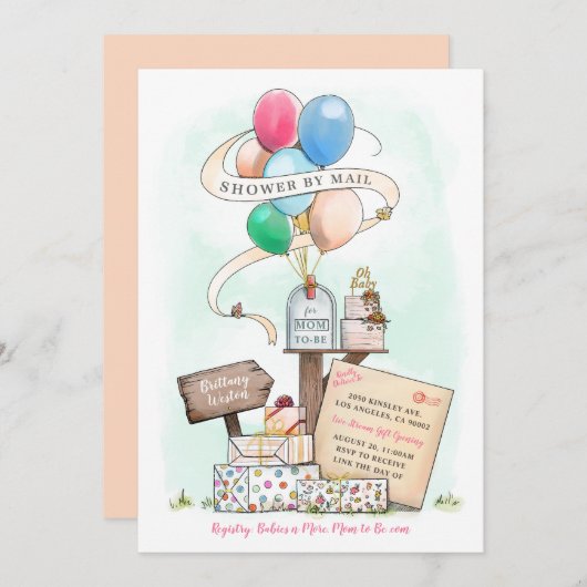 Dusche per Mail Virtual Baby Shower Ballon Mailbox Einladung (Vorne/Hinten)