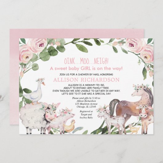 Dusche per Post Farm Barnyard Tiere Mädchen Einladung (Vorne/Hinten)