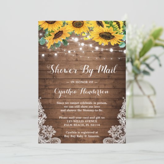 Dusche per Post Rustikale Lichter Sonnenblume Euka Einladung (Stehend Vorderseite)