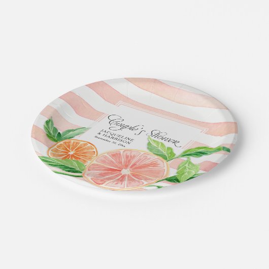 Dusche Pink Stripe Citrus Orange Art Pappteller (Schrägansicht)