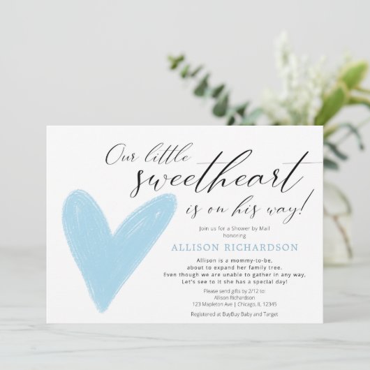 Dusche von Mail Modern Valentines blauer weißer Ju Einladung (Stehend Vorderseite)