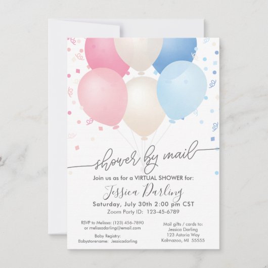 Dusche von Mail Pink und Blue Balloons und Confett Einladung (Vorderseite)