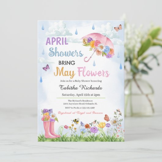 Duschen im April bringen im Mai Blume Frühjahrsdus Einladung (Stehend Vorderseite)