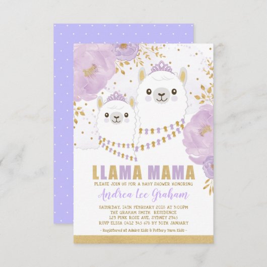 Duschen-/lila Goldblumenfiesta Lama-Mutter-Baby Einladung (Vorne/Hinten)