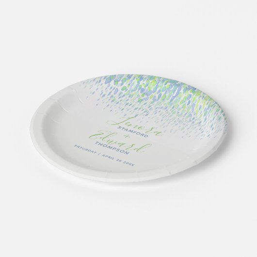 Duschende kaskadenblaue grüne Kunsthochzeit Pappteller (Schrägansicht)