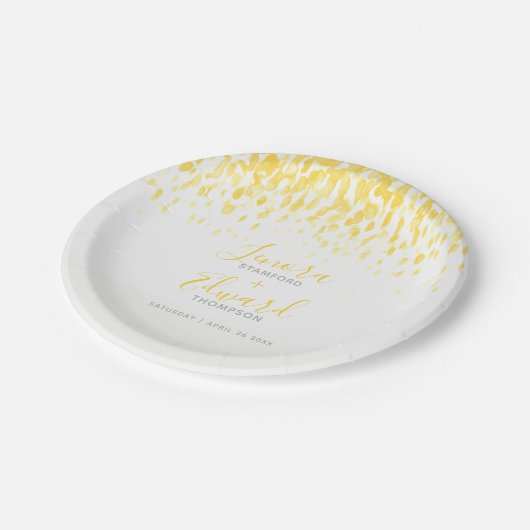 Duschende kaskadengelbe graue Kunsthochzeit Pappteller (Schrägansicht)