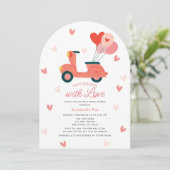 Duschkabine mit Liebe Motor Scooter Brautparty Einladung (Stehend Vorderseite)