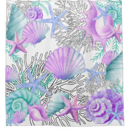 Duschvorhang Aquamarin und weiß Muscheln rosa