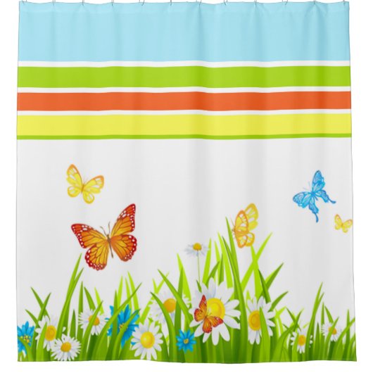 Duschvorhang/Frühlings-Schmetterlinge und Blumen Duschvorhang (Vorderseite)