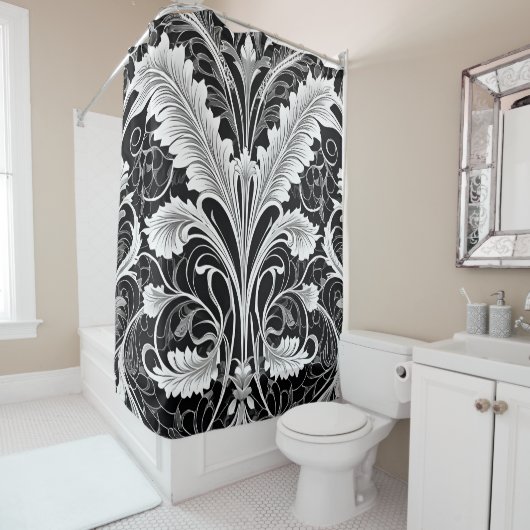 Duschvorhang mit Schwarz-weißer und grauer Blume S (Beispiel)