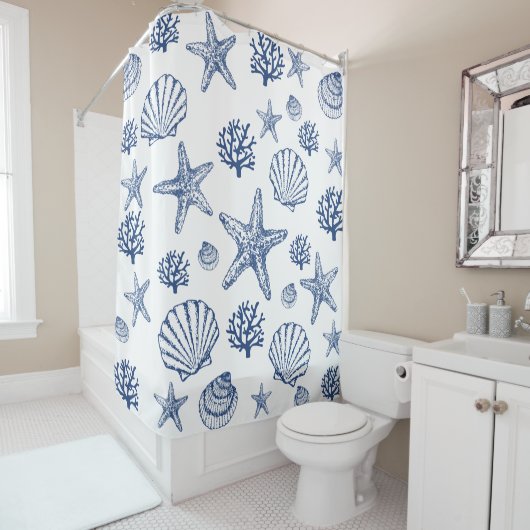 Duschvorhang Navy Blue Seashell Muster (Beispiel)