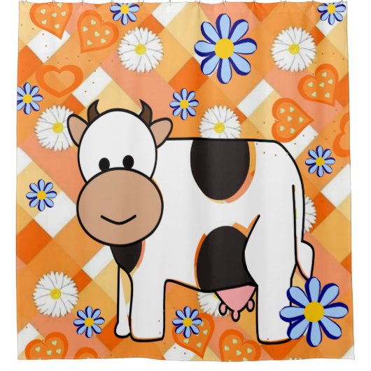 Duschvorhang Orange Hearts Blue Flowers Kuh (Vorderseite)