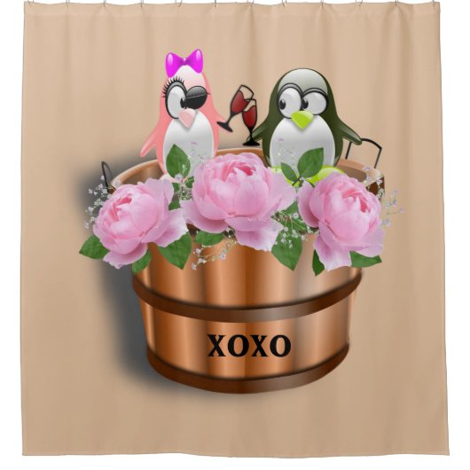 Duschvorhang Pinguin in Liebe Weingläser (Vorderseite)