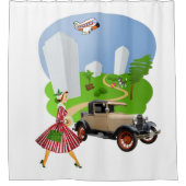 Duschvorhang Retro Frau Auto Dog Flugzeug (Vorderseite)