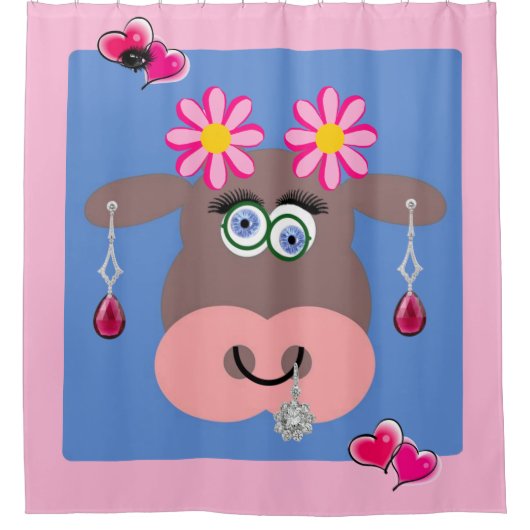 Duschvorhang rosa Kuh Blau Blütenblume (Vorderseite)