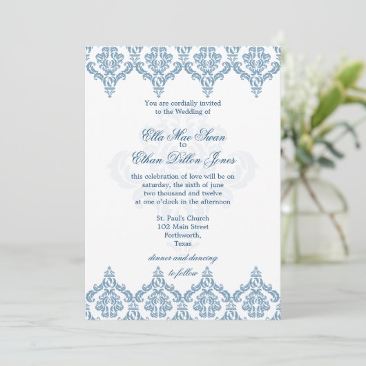 Dusk Blue and White Damask Hochzeitsaufenthalte Einladung (Stehend Vorderseite)
