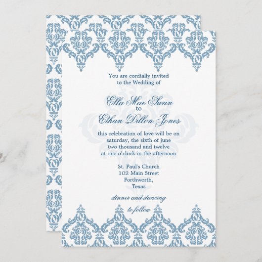 Dusk Blue and White Damask Hochzeitsaufenthalte Einladung (Vorne/Hinten)