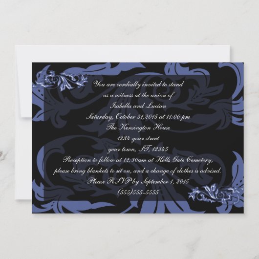 Dusk Blue Damask Goth Wedding Einladung (Vorderseite)