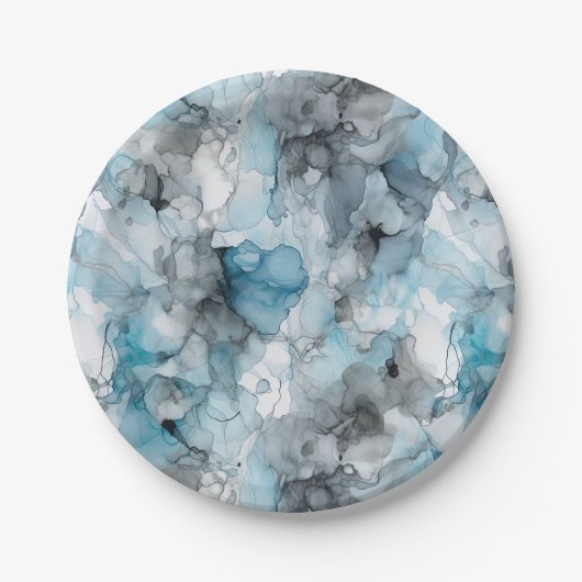 Dusk Blue Gray Alcohol Liquid Ink Wirbel Pappteller (Vorderseite)