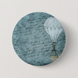 Dusk Blue Hot Air Ballon Steampunk Handwriting Button