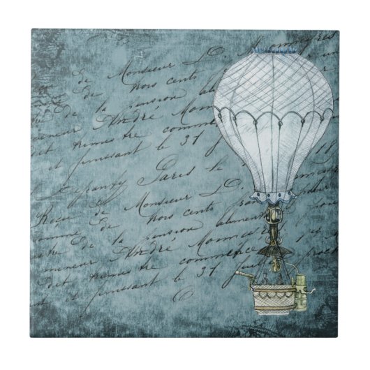 Dusk Blue Hot Air Ballon Steampunk Handwriting Fliese (Vorderseite)