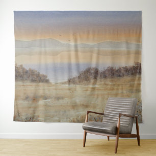 Dusk Lake Blush Wasserfarbe Landschaft Printmedien Wandteppich
