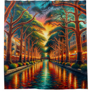 "Dusk Reflections: San Antonio Riverwalk" Duschvorhang