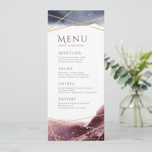 Dusk Watercolor Geometric Modern Wedding menu Menükarte (Stehend Vorderseite)