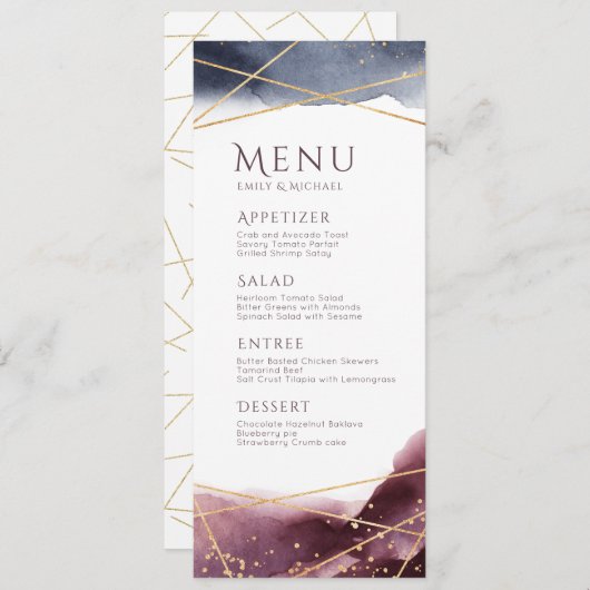 Dusk Watercolor Geometric Modern Wedding menu Menükarte (Vorne/Hinten)