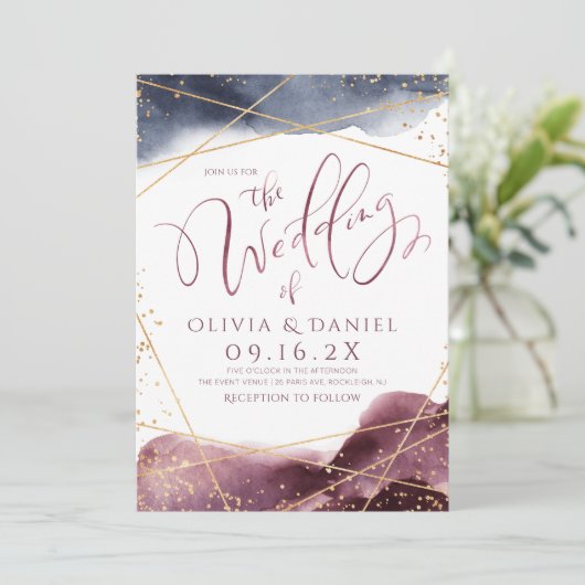 Dusk Watercolor Geometrische Hochzeit der Kalligra Einladung (Stehend Vorderseite)