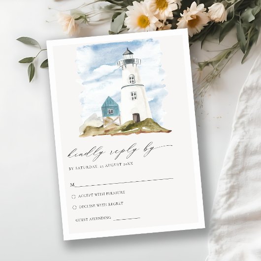 Dusky Aqua Lighthouse Mountain Wedding RSVP Begleitkarte