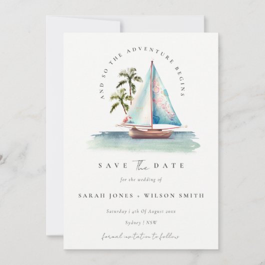 Dusky Aquamarin Blue Sailboat Palm Wasserfarbe Sea Save The Date (Vorderseite)