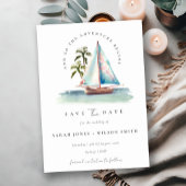 Dusky Aquamarin Blue Sailboat Palm Wasserfarbe Sea Save The Date