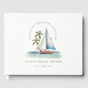 Dusky Aquamarin Sailboat Palm Seascape Brautparty Gästebuch