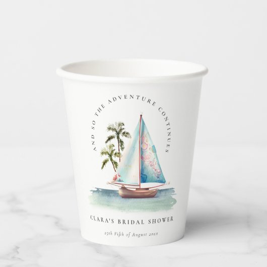 Dusky Aquamarin Sailboat Palm Seascape Brautparty Pappbecher (Vorderseite)
