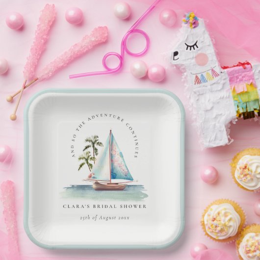 Dusky Aquamarin Sailboat Palm Seascape Brautparty Pappteller (Party)