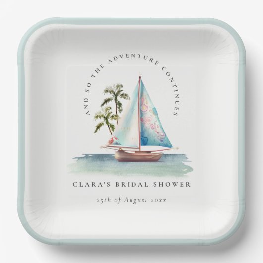 Dusky Aquamarin Sailboat Palm Seascape Brautparty Pappteller (Vorderseite)